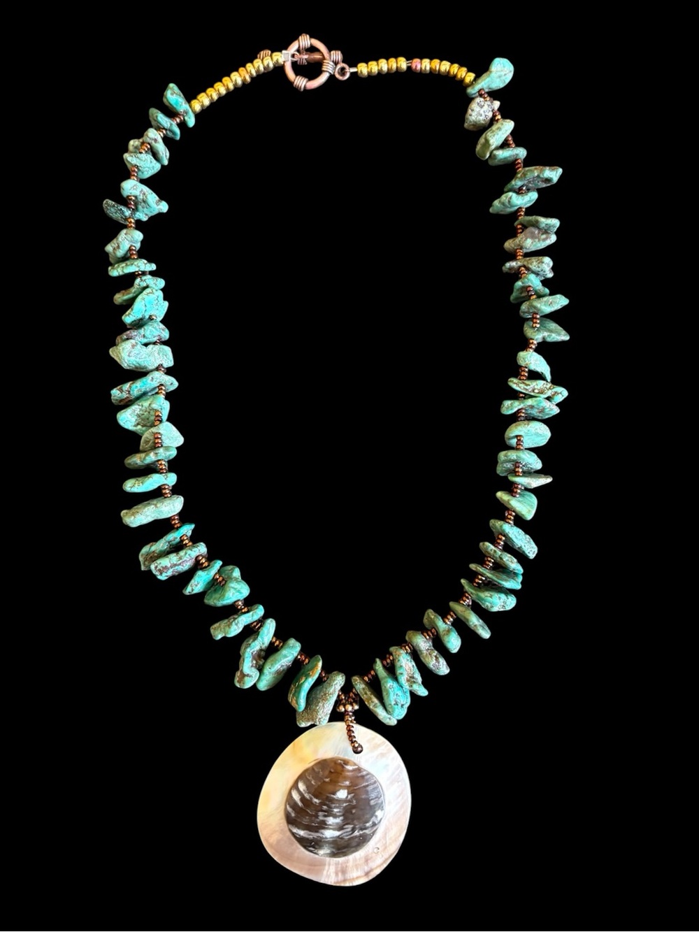 OOAK Handmade Artisan Genuine Turquoise Nugget Necklace with Shell Pendant